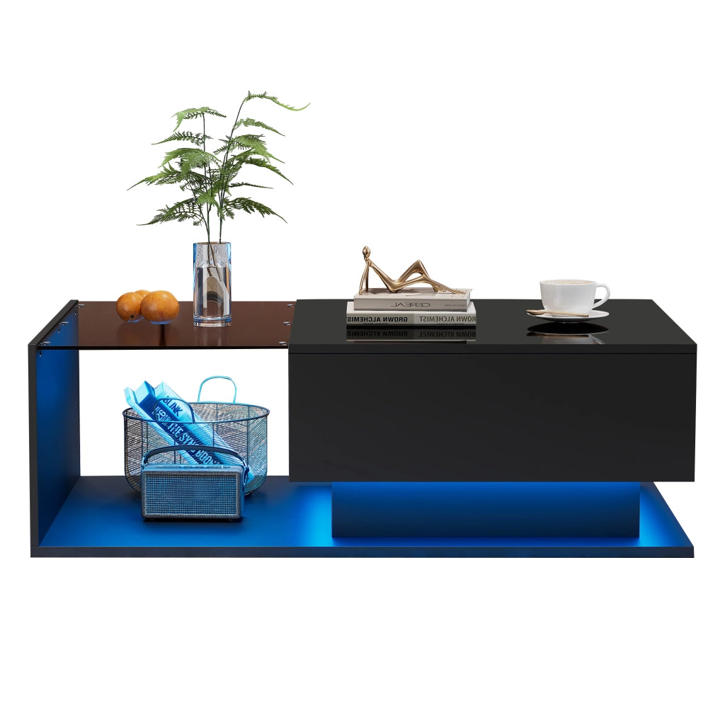 Tavolino da caffè con 1 Cassetto e LED tramite App; Piano in Vetro e Finitura Lucida; in Pannelli di Particelle; 100×50×32 cm; Nero