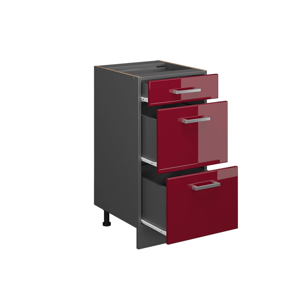 Mobiletto base per cucina R-Line Rosso lucido/Antracite 40 cm con cassetti, senza piano di lavoro Vicco