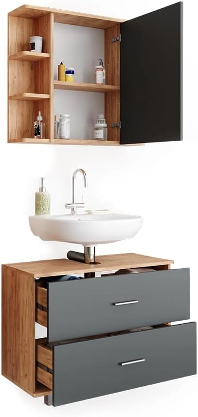Set mobili bagno Ilias, Antracite/quercia dorata, 80.2 cm, composto da specchio da bagno e mobile sottolavabo