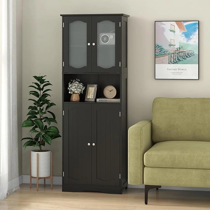 Armadietto Salvaspazio 60 x 30 x 164cm, Mobile Bagno con Scomparti Aperti, Ripiani Regolabili e 2 Porte in Vetro Temprato, Armadio da Bagno per Ufficio, Soggiorno e Camera da Letto (Nero)