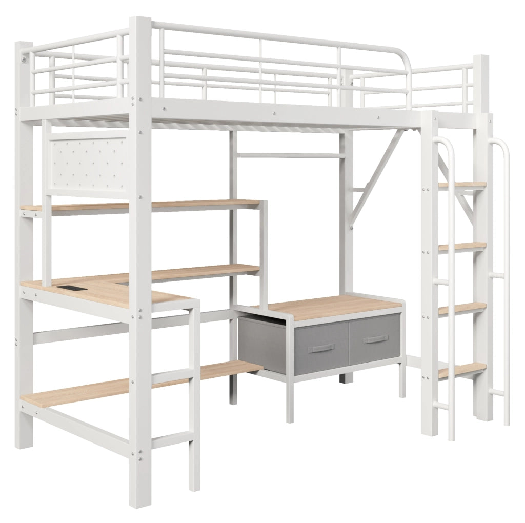 Letto a soppalco 90x200 cm con scrivania; ripiani; cassetti in tessuto; LED e USB; bianco