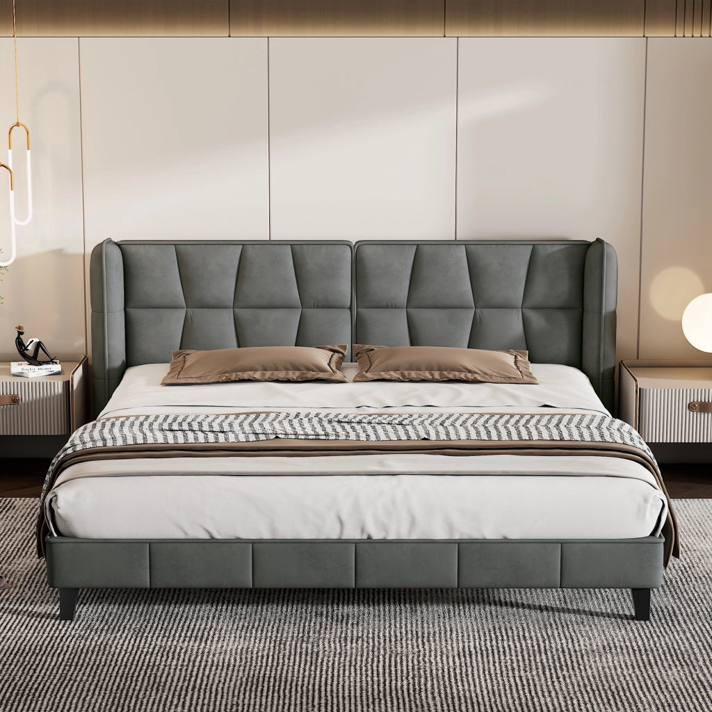 OKWISH Letto Matrimoniale 180×200 cm con Testiera Imbottita, Doghe in Legno e Piedini di Rinforzo, senza Materasso, Velluto Grigio