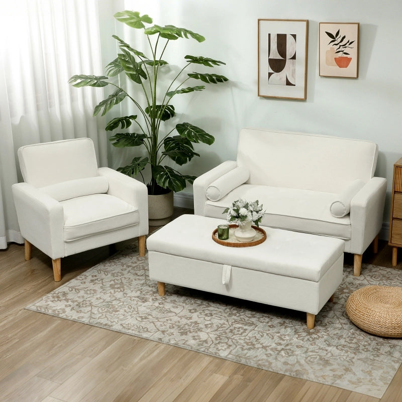 Divano a 2 posti con seduta in schiuma ad alta densità e gambe in legno di caucciù, bianco crema 130 × 74,5 × 82 cm