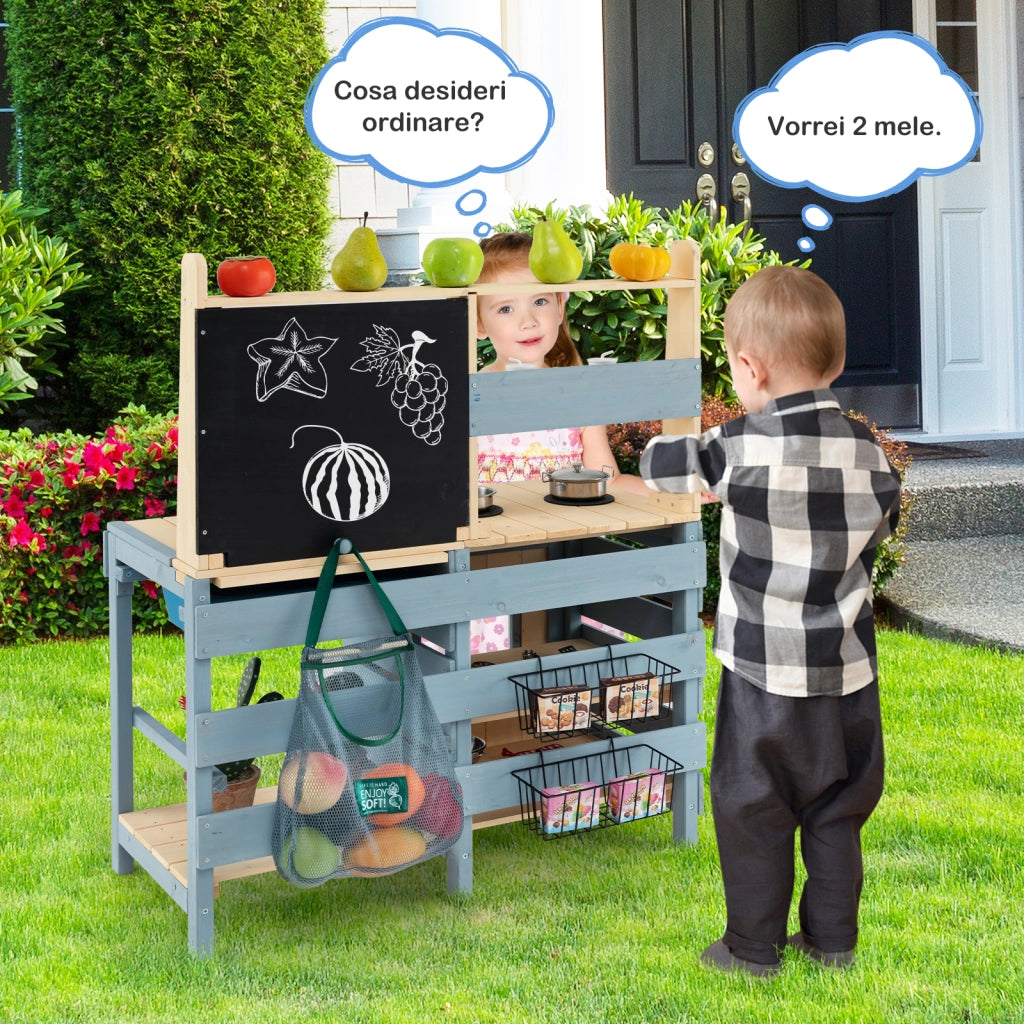 Cucina da gioco 2 in 1 per esterni con rubinetto lavandino rimovibile cesti metallici borsa riporre, Negozio alimentari lavagna set gioco fango per bambini 3-8 anni