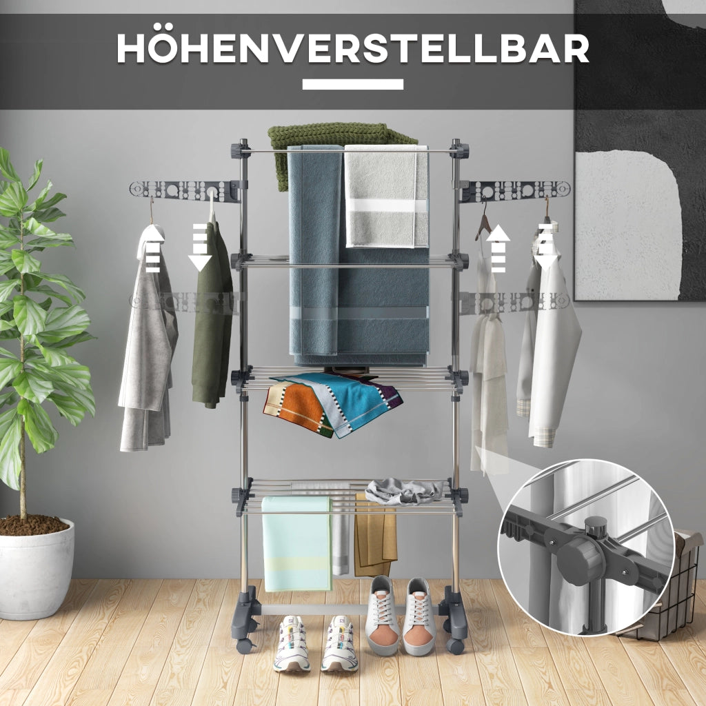 Stendibiancheria pieghevole a 5 ripiani ¨C Xylo ¨C sistema one-click, 142x55x172 cm, grigio e argento