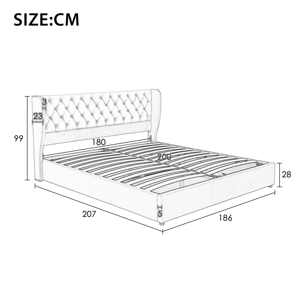Letto Contenitore 180×200 cm; Letto Matrimoniale con Vano Idraulico; senza Materasso; Testiera Alta; Velluto Beige