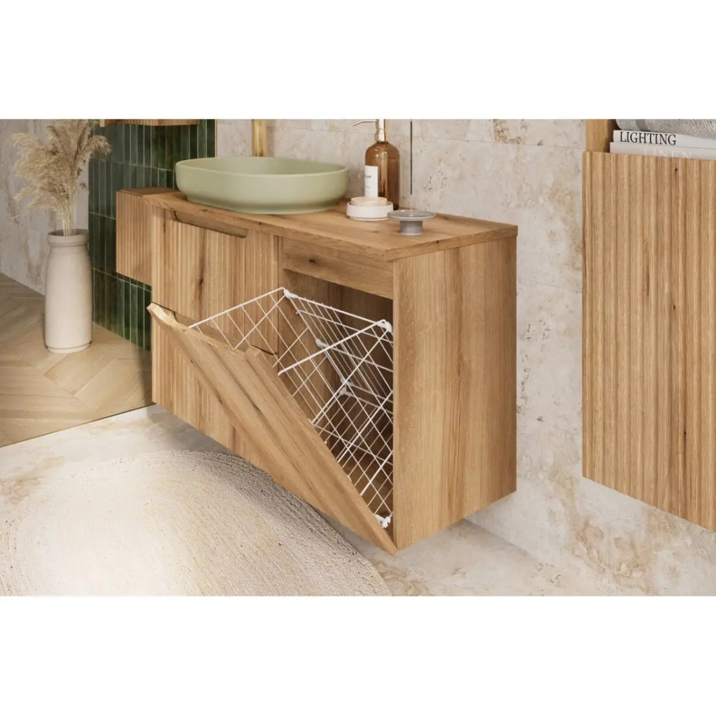 Mobile bagno VANO 40 cm in rovere sospeso con cesto della biancheria