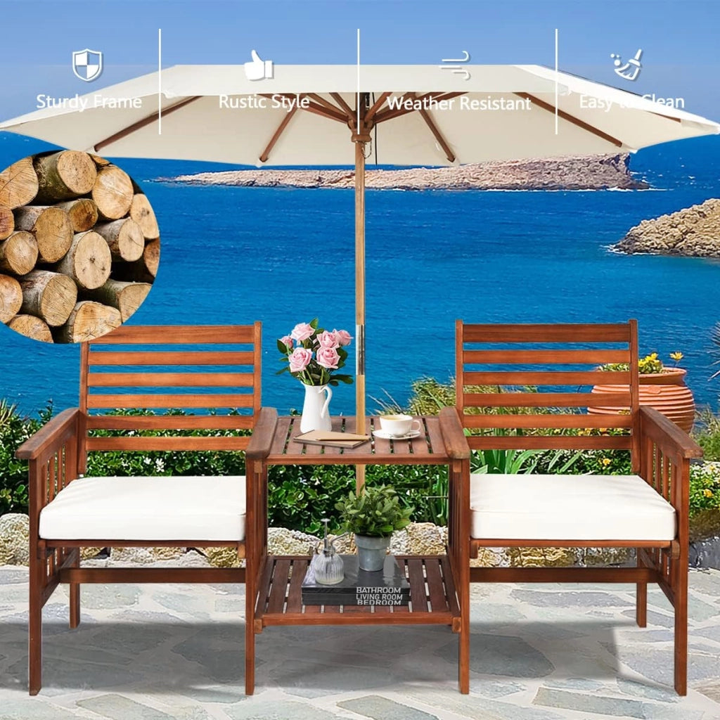 Panca da giardino in legno di acacia con foro per l'ombrellone, 165 x 65 x 88 cm, per giardino, balcone e terrazza (bianco)