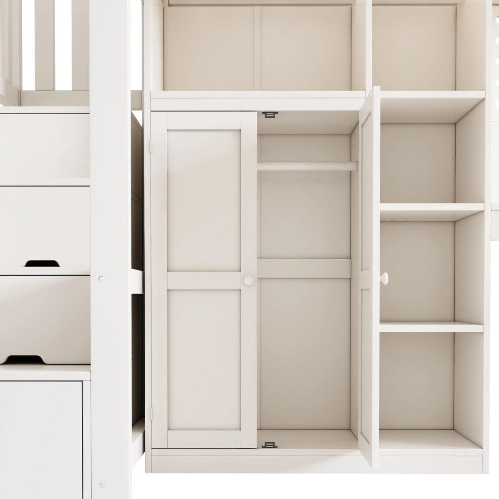OKWISH Letto a Soppalco 90×200 cm, Letto Singolo con Scrivania, Armadio, Mensole, USB e Tipo C, senza Materasso, in Legno, Bianco