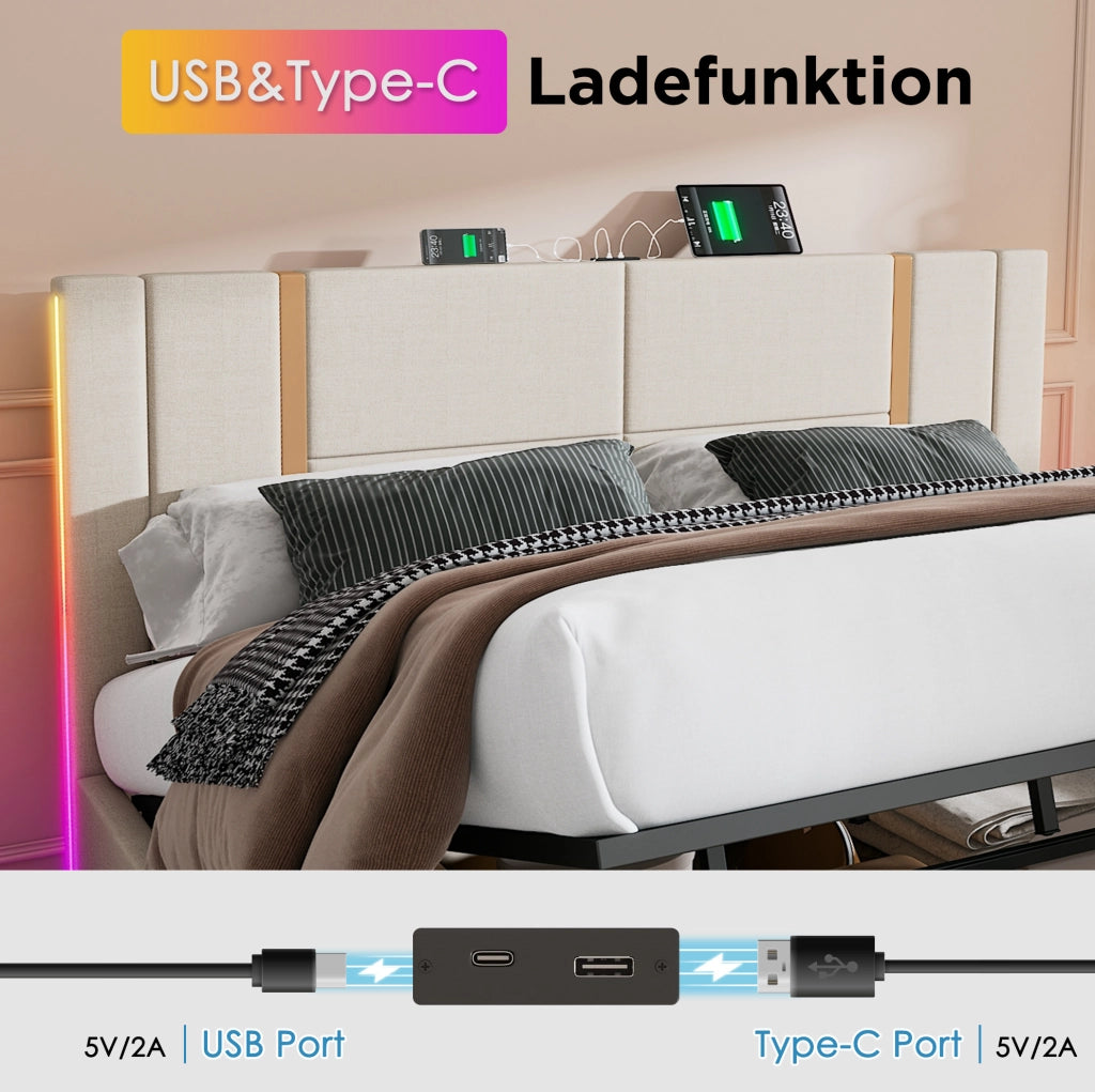 Letto imbottito con contenitore 140x200 cm in lino beige; LED RGB; porte USB e Tipo C