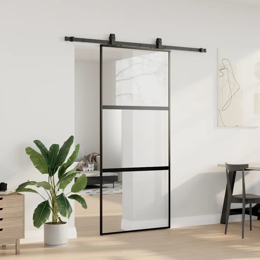 Porta Scorrevole Set Ferramenta Nera 90x205 cm Vetro Temperato