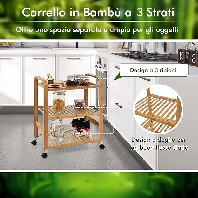 Carrello da Cucina di Bambù, Scaffale da Cucina con 3 Livelli e Ruote Staccabili, Ideale per Casa Ristorante Bar, 58x33x76 cm