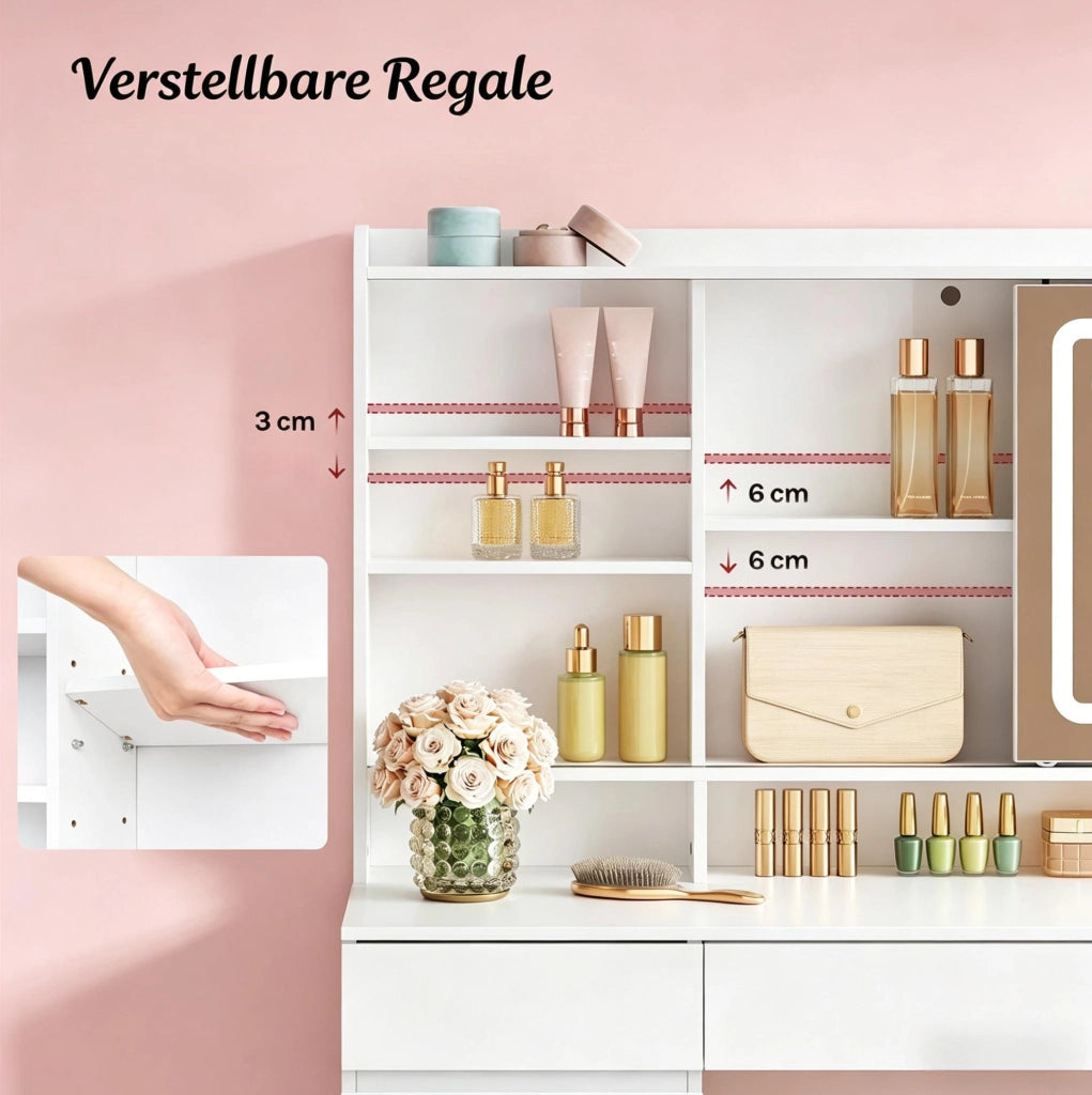 Tavolo da trucco moderno bianco con specchio scorrevole, 9 cassetti e prese integrate