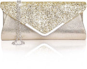 Clutch da donna con pizzo e strass, tasca sotto il gomito, con catena rimovibile in metalli dorati e rosa antico.