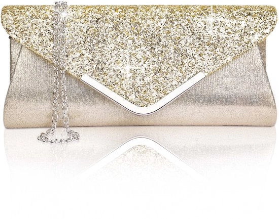 Clutch da donna con pizzo e strass, tasca sotto il gomito, con catena rimovibile in metalli dorati e rosa antico.