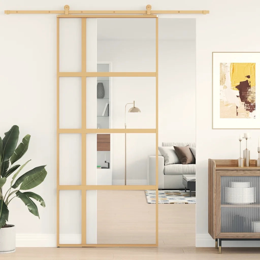 Porta Scorrevole Dorata 90x205 Vetro Trasparente ESG Alluminio 155191