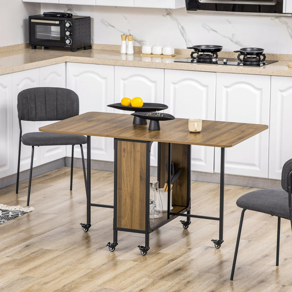 Tavolo da pranzo pieghevole 130x80x74 cm con ruote; ripiano centrale in legno marrone