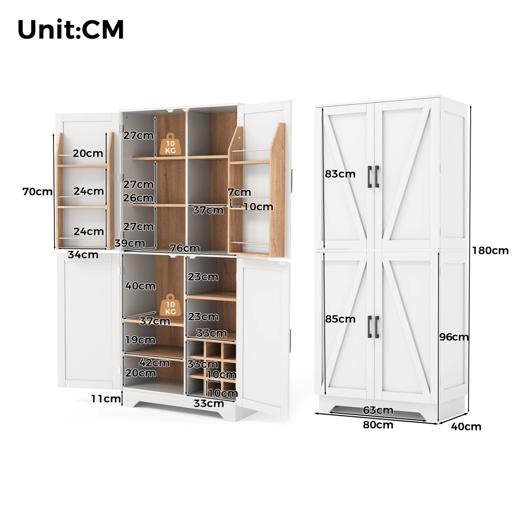 ARMADIO DISPENSA con 4 ante, 80 x 40 x 180 cm, Bianco e Naturale, MDF