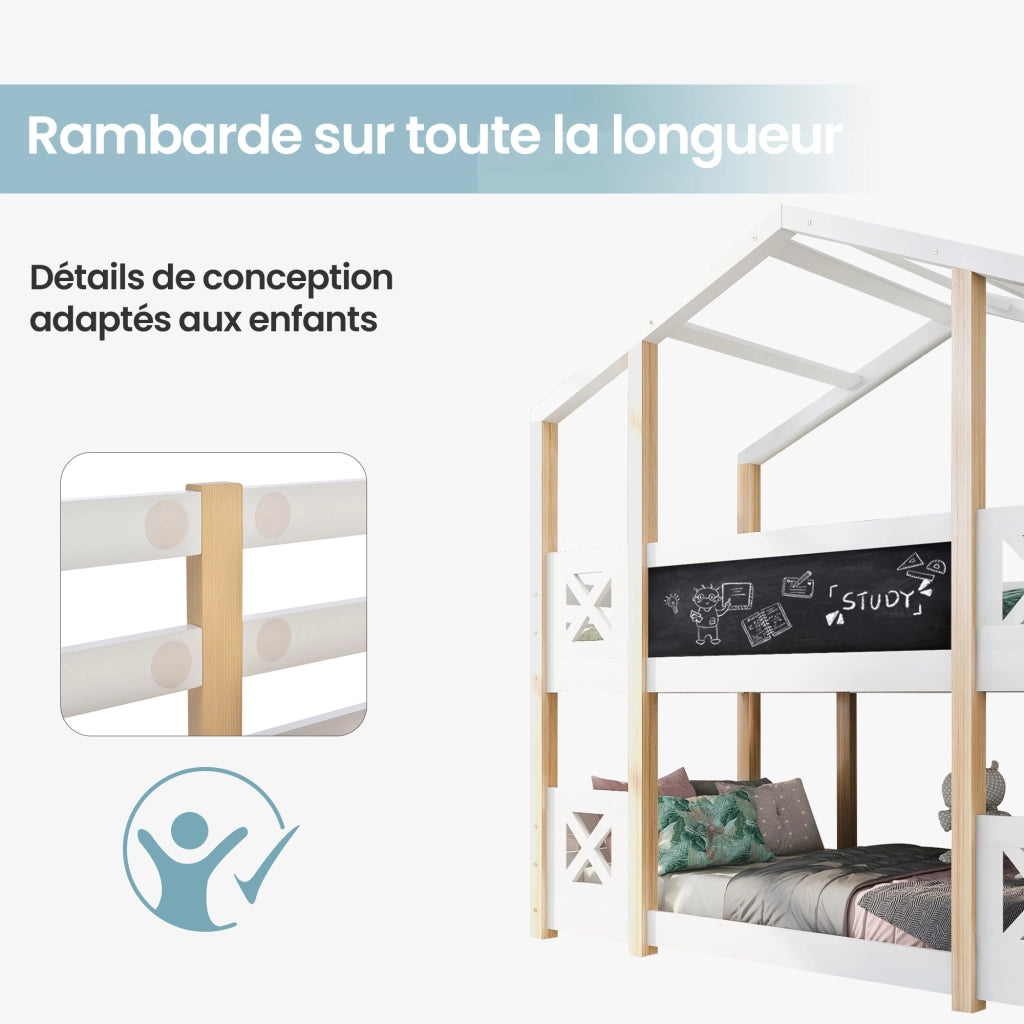 Letto a Castello 90×200 cm; Letto Singolo con Scala Contenitore; Lavagna e Sponde; senza Materasso