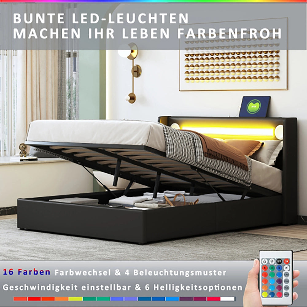 Letto matrimoniale con LED Bluetooth - Xylo - 140x200 cm - Nero - USB e rivestimento in similpelle