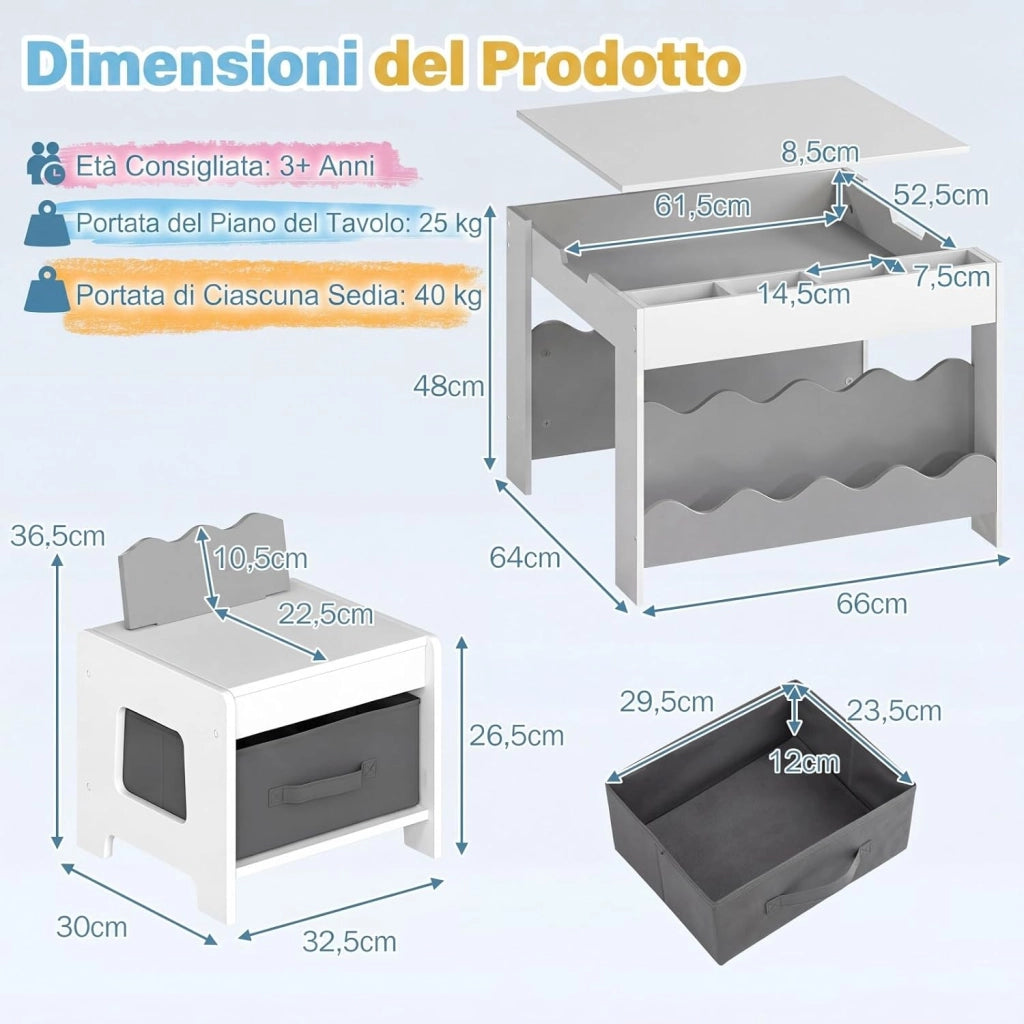 4 in 1 Set Tavolo e 2 Sedie per Bambini 3+ Anni (Grigio e Bianco) | Tavolo e Sedie con Lavagna Rimovibile, Sedia con Cassetto in Tessuto, Mobile in Legno Versatile per Cameretta e Soggiorno