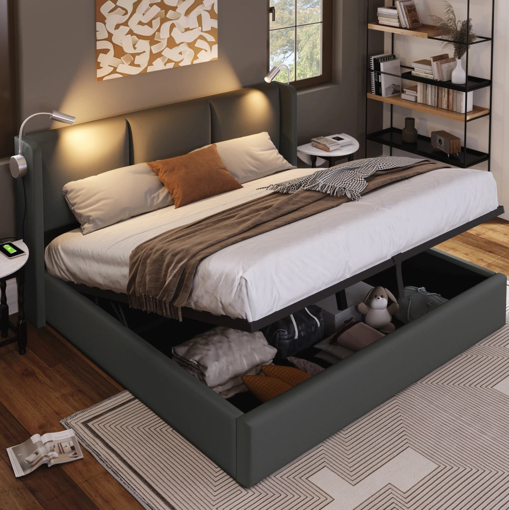 Letto contenitore 160x200 cm grigio in PU con luce LED e USB