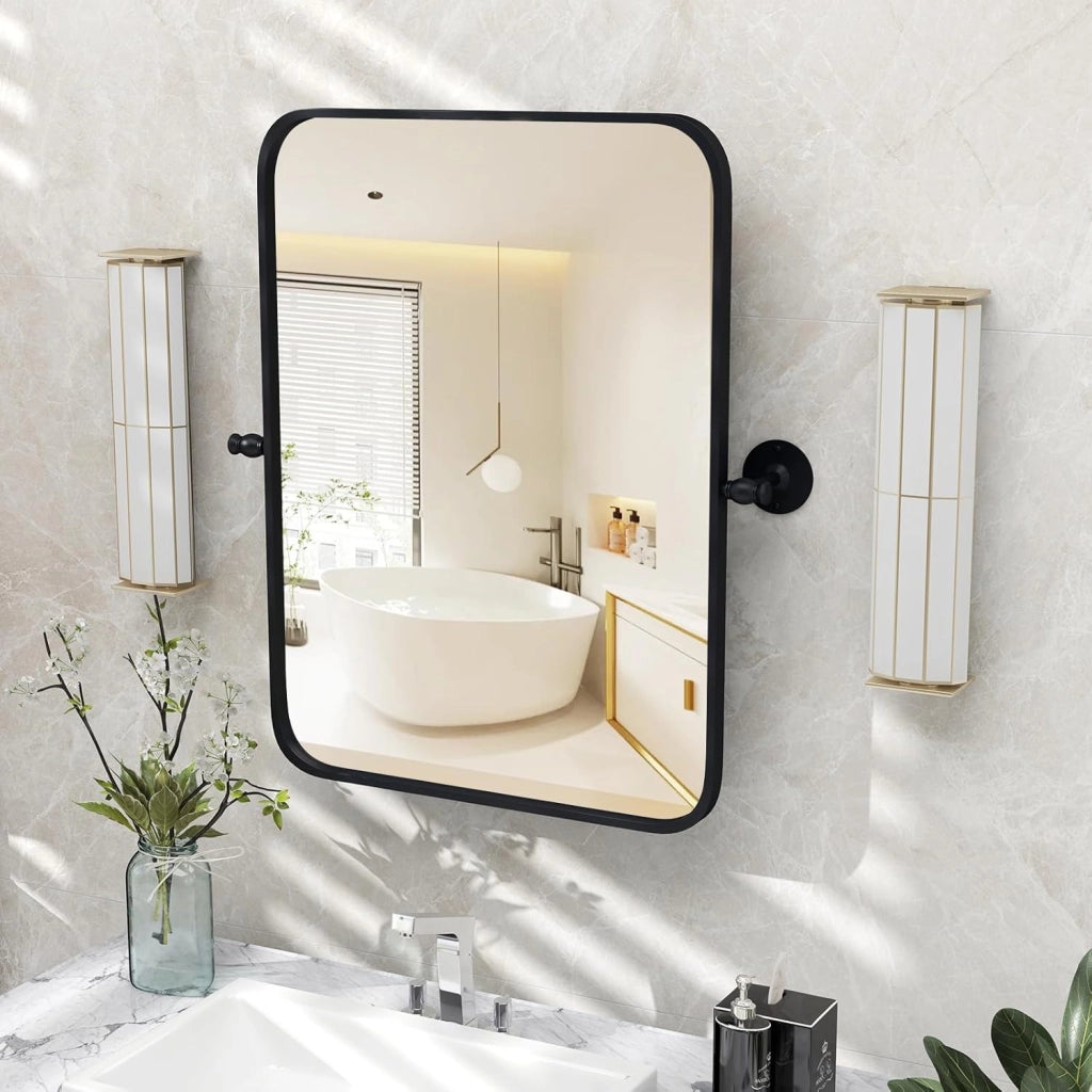 Specchio Rettangolare da Parete 76,5 x 66,5 cm, Specchio da Bagno con Cornice in Metallo, con Staffe da Parete in Stile Rustico, Ideale per Bagno Soggiorno Ingresso, IP44