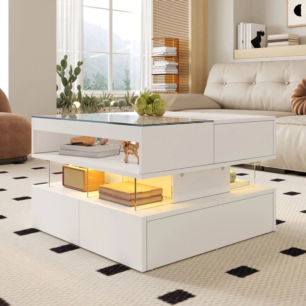 Tavolino da salotto elevabile bianco con LED e piano in vetro