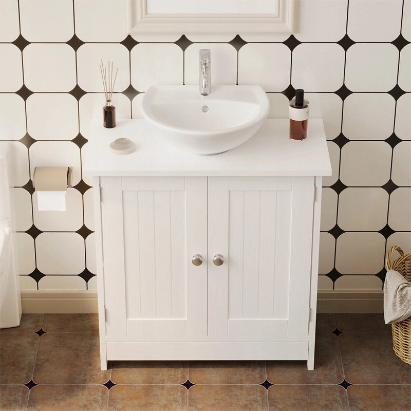 Mobiletto da bagno bianco con ante, ripiani in legno e mensola