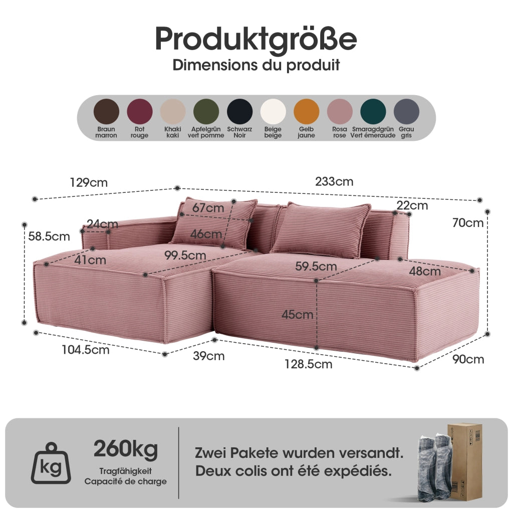 Divano lineare compatto con cuscini e seduta elastica per piccoli spazi in poliestere rivestito rosa baby 235 cm