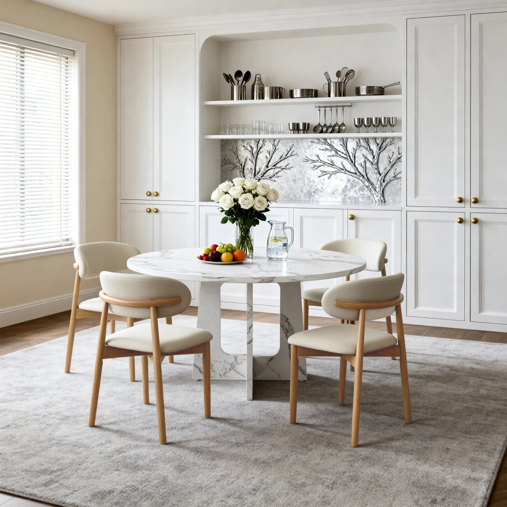 Tavolo da pranzo rotondo con 4 sedie per 4-6 persone piano in MDF effetto marmo bianco per sala da pranzo e soggiorno