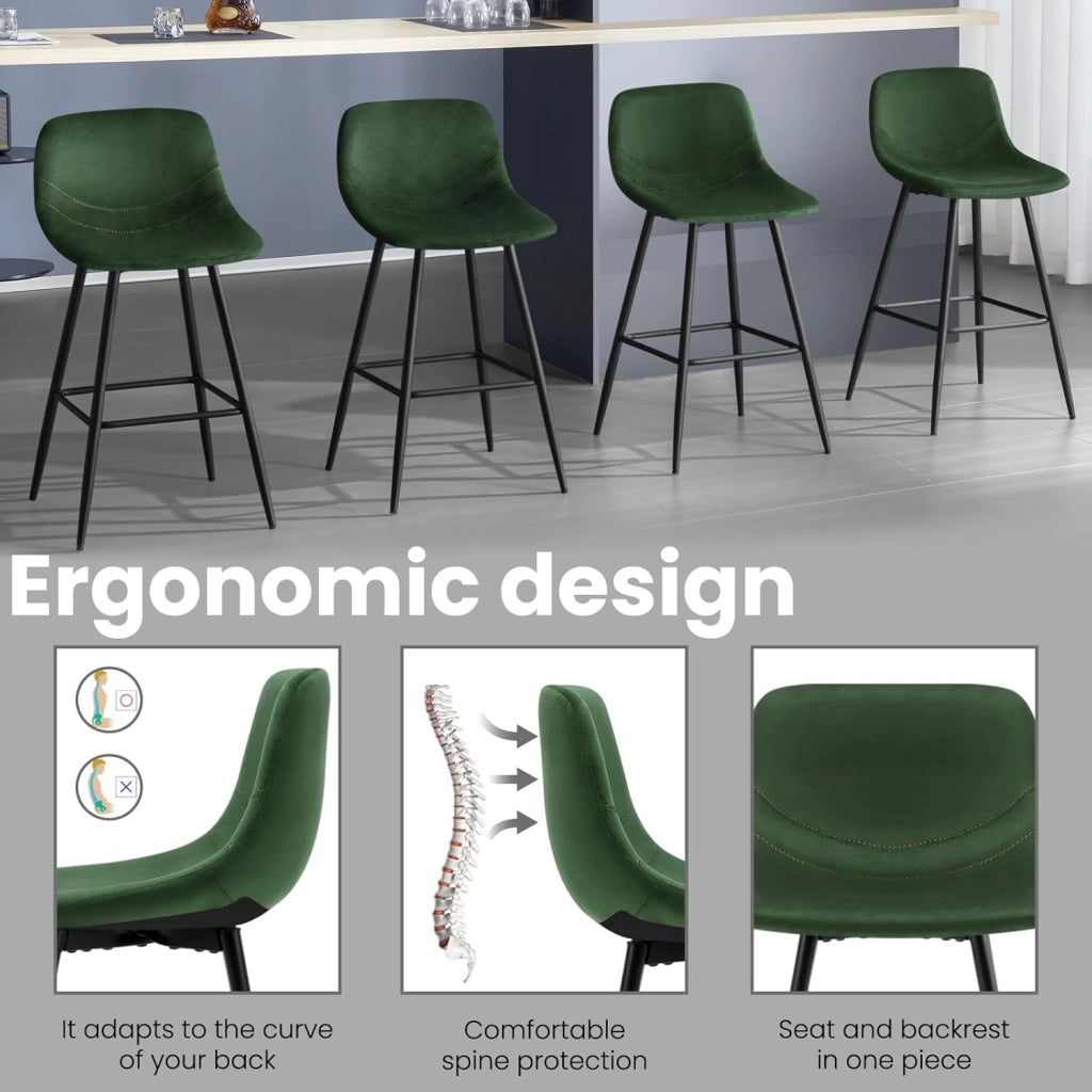 Set di 4 Sgabelli Alto, Sgabello da Cucina Moderno, Sedia da Bar con Poggiapiedi, con Schienale, per Bistrot, Pub, Caffetteria, in Velluto e Metallo, Verde Scuro