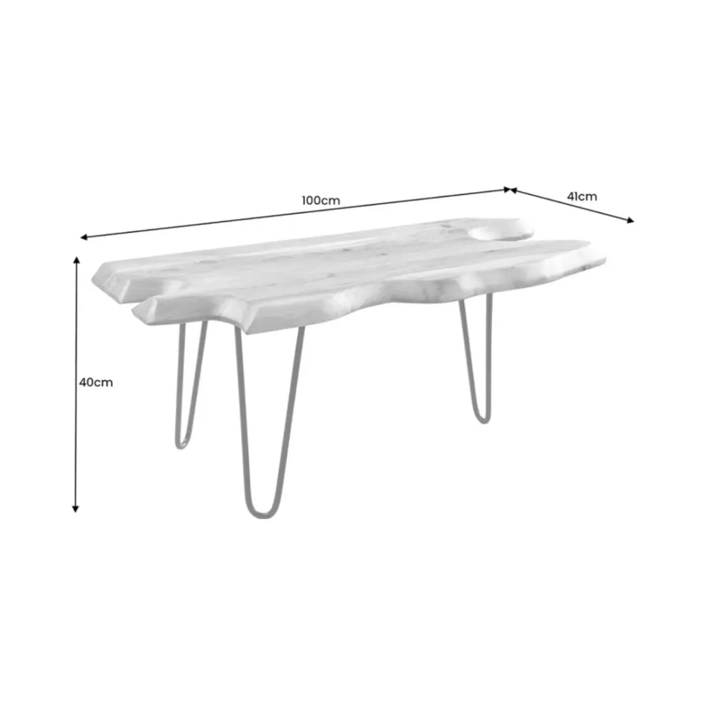 Table bassa RIVET in legno massiccio di acacia forma organica e metallo nero – tavolo design industriale naturale