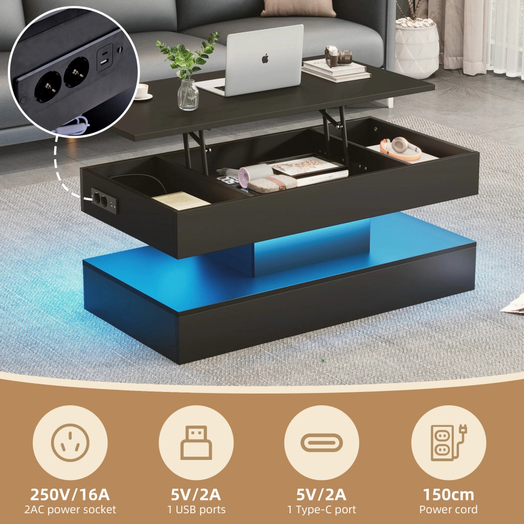 Tavolino da caffè con piano alzabile; vano contenitore e LED - per soggiorno - in pannello truciolare - 100×50×42 cm - nero