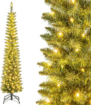Albero di Natale Slim da 150/180/210 CM, Albero di Natale Artificiale con 296/390/499 Punte di Ramo, 150/180/200 Luci LED Bianche Calde, Supporto Pieghevole in Metallo (180 cm)