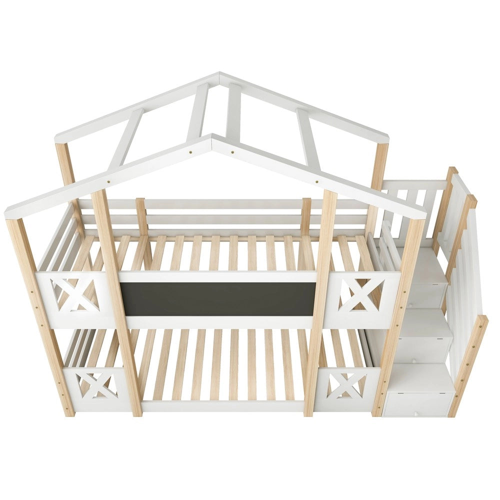 Letto a Castello Casetta 90x200 ¨C Xylo ¨C Legno Naturale e Bianco, Scala, Cassetti, Rete a Doghe
