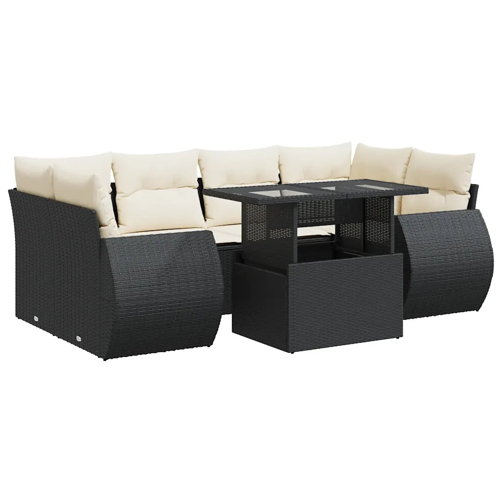 Set Divani da Giardino con Cuscini 7pz Nero Polyrattan