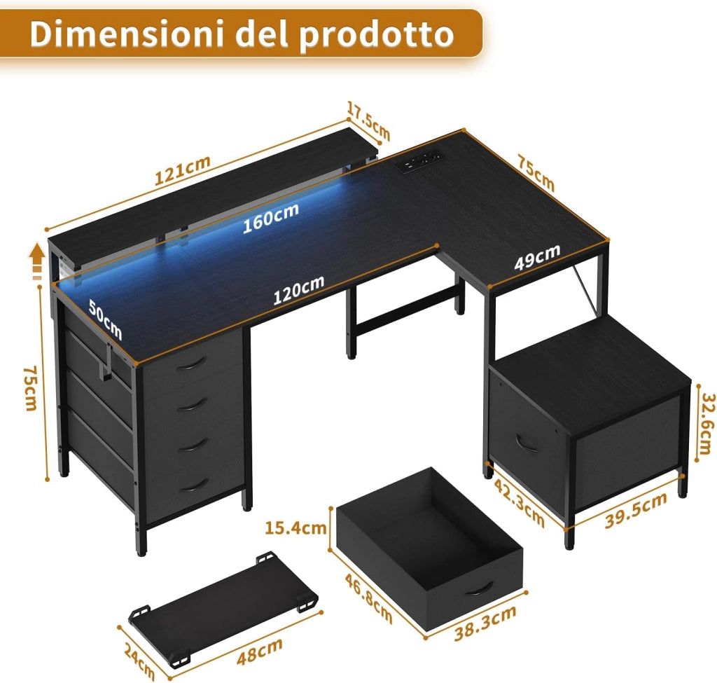 Scrivania Gaming Angolare Con Led E Prese,160 x 120 cm Tavolo Gaming Con 3 Cassetti In Tessuto, Scrivania Angolare Con Supporto Per Monitor Per Casa Ufficio, Nero