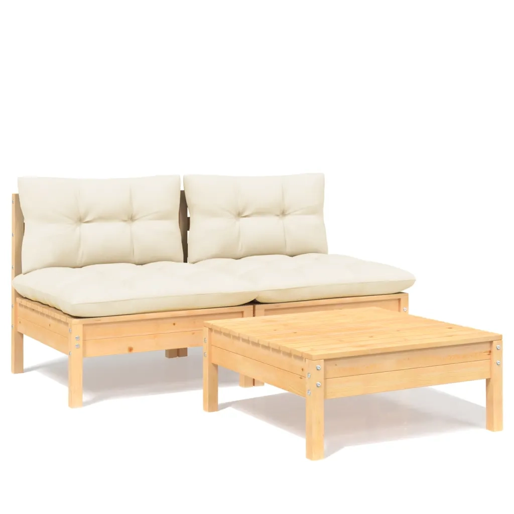 Set Divani da Giardino 3 pz | Set Salotto da Giardino con Cuscini Crema Massello di Pino