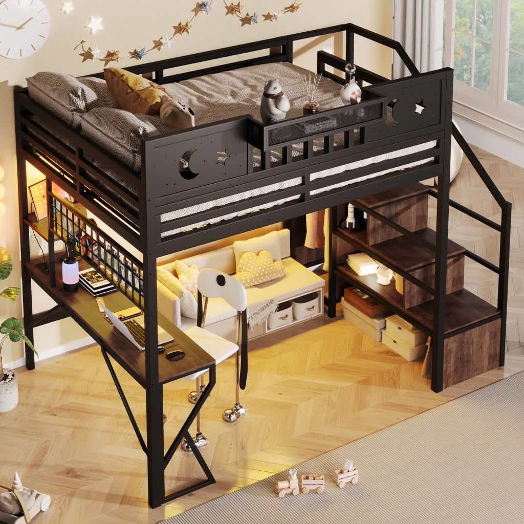 Letto a soppalco 140x200 cm con scrivania; pannello pegboard; ripiani; LED; USB e gambe a K; metallo nero