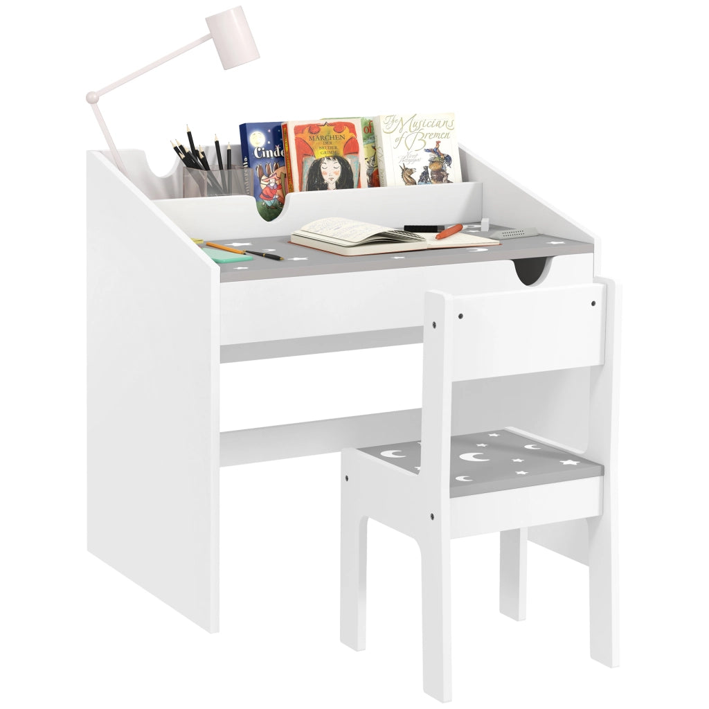 Scrivania per bambini con sedia ¨C zephmum ¨C Grigio, con cassetto e scaffale, motivo stellato