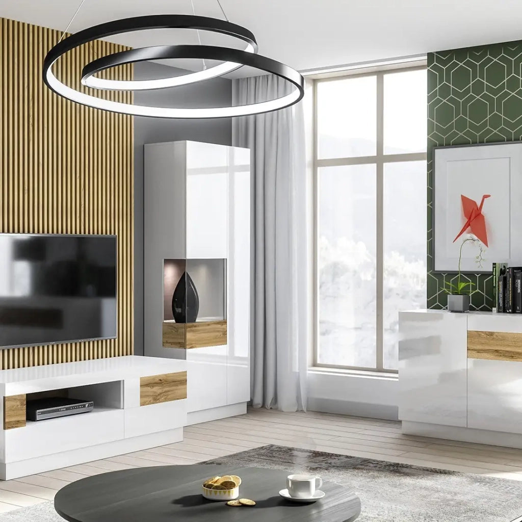 Vetrina, libreria, credenza KILES colori grigio bianco e quercia. Modello vetrina sinistra. LED integrato.