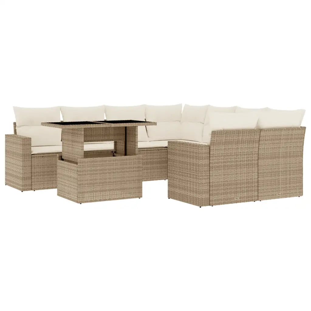 Set Divano da Giardino 9 pz con Cuscini Beige in Polyrattan