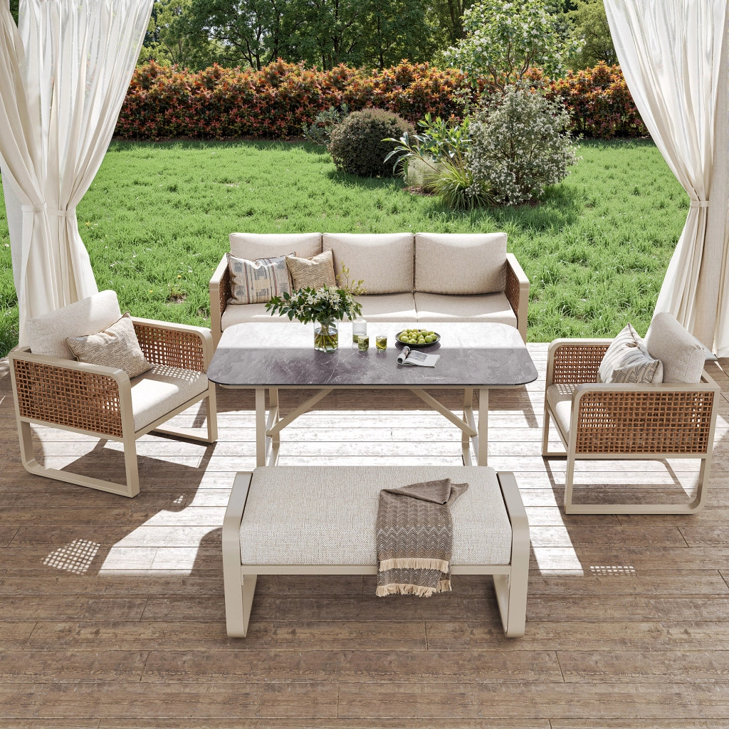 Salotto da Giardino con 2 Poltrone; 1 Divano 3 Posti; 1 Panca e 1 Tavolo; per 6-7 persone; Rattan PE; Ferro e Tessuto Impermeabile; Beige