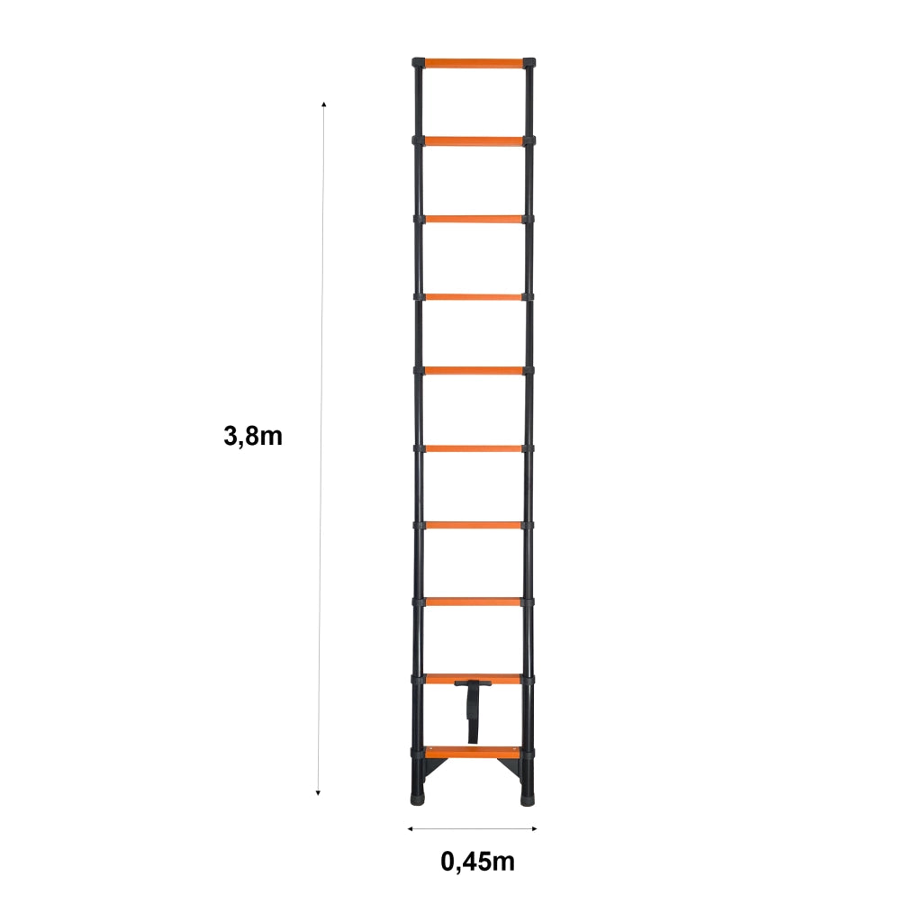 Scala telescopica estensibile in acciaio al carbonio Nyana Tools – 3,8 m – Certificazione EN-131 – Piedini antiscivolo e blocco di sicurezza