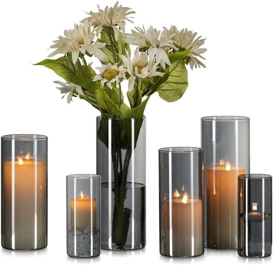 Set di 6 Vasi Decorativi per Appartamento: Collezione di 6 Vasi di Cilindro in Vetro per Decorazione di Tavola, Grande Dimensione, Design Moderno, Nero, Ideale per Regali, Decorazione di Tavola, Cadeau per Amica