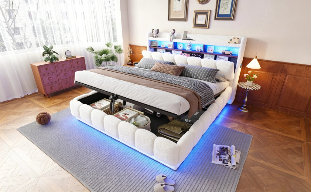 DESMIU Letto contenitore 180 × 200 cm 2 posti con LED, USB e presa, senza materasso, in tessuto bouclé, bianco