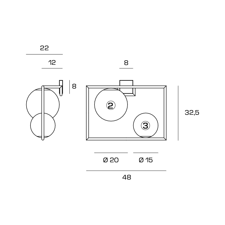 BUBLE APPLIQUE A PARETE 2 SFERE ACCIAIO SPAZZOLATO PARTICOLARI BRONZO ATTACCO E27