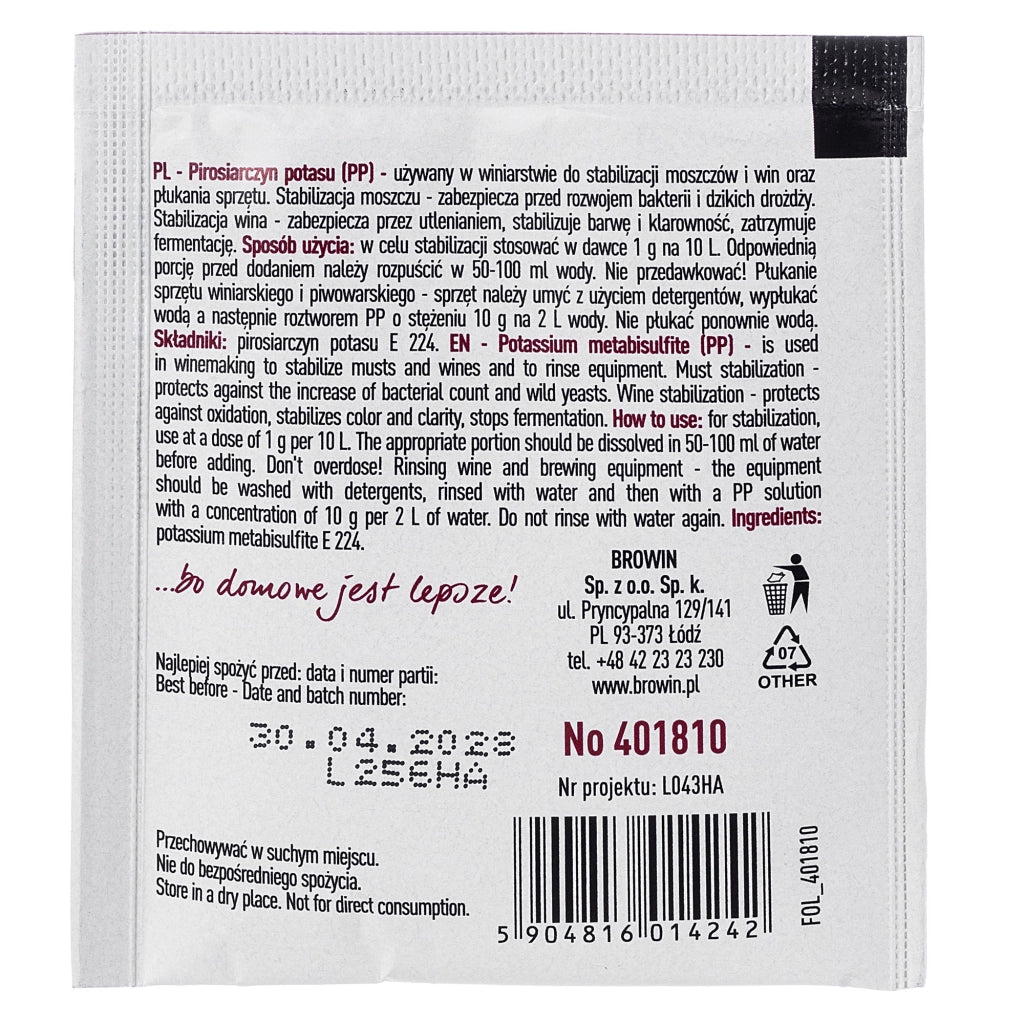 KADAX Metabisolfito di potassio 10 g per la pulizia, il lavaggio e la disinfezione di bottiglie e contenitori.