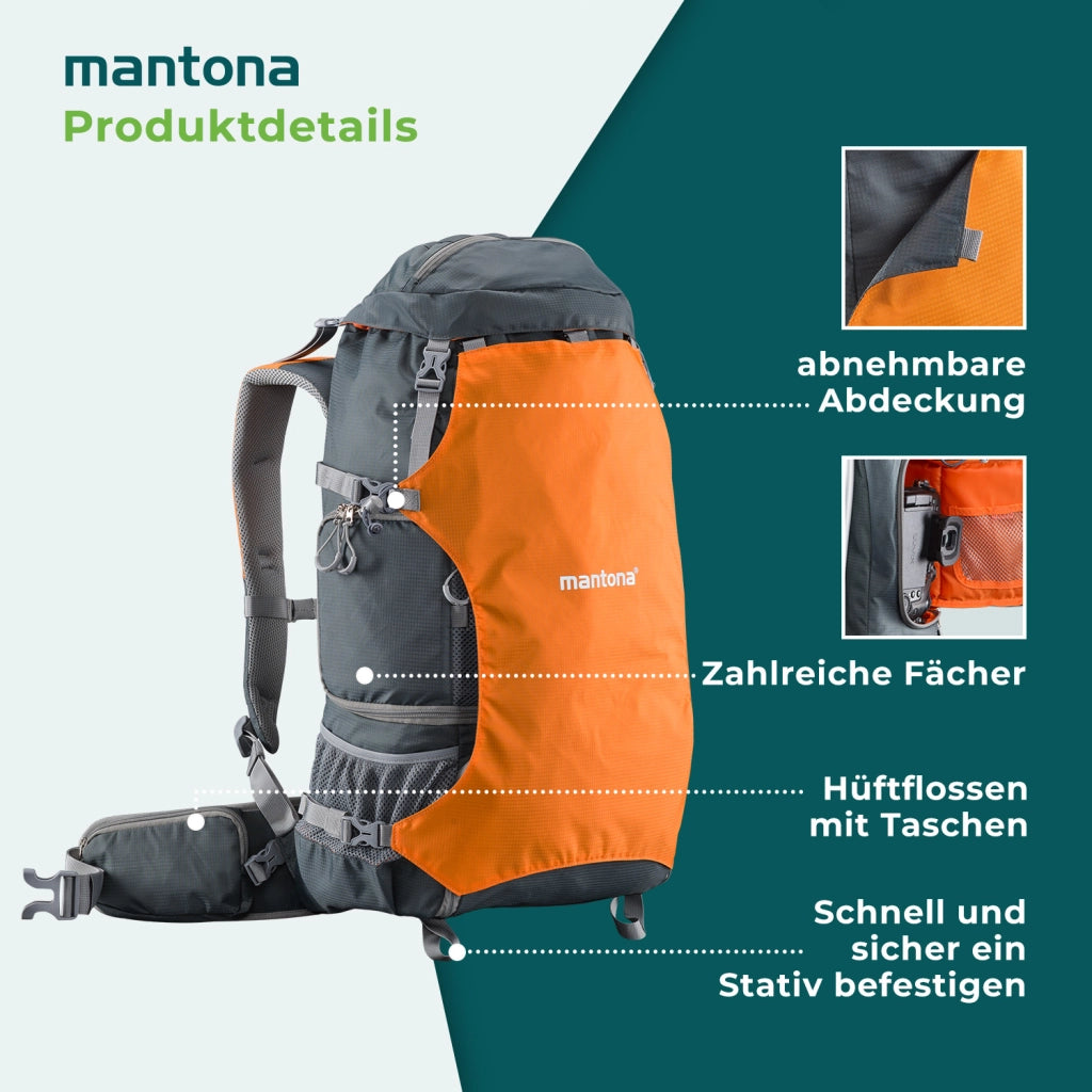 Mantona elementsPro 40 Zaino per fotocamera - Zaino professionale per fotocamera da esterno, ampio spazio per fotocamera e accessori, laptop fino a 14 pollici, inclusa copertura antipioggia